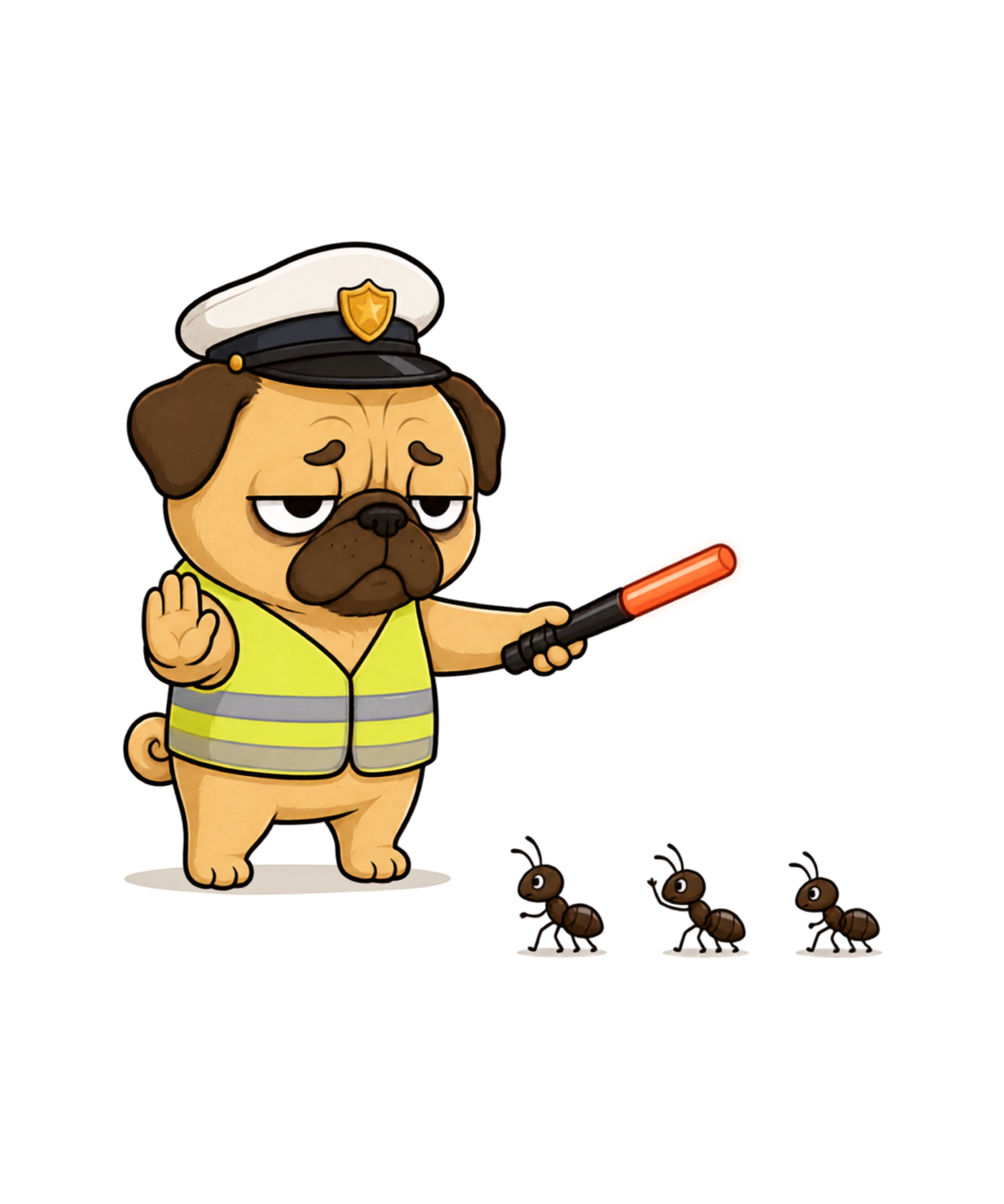 Grumpy Pug Traffic Guard VS Ant Army Funny Dog Uniform Humor