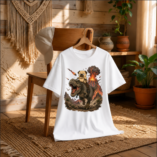 Grumpy Pug Riding T-Rex Dinosaur Volcano Apocalypse Funny Dog Humor