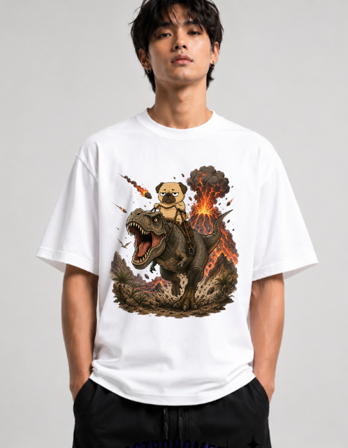 Grumpy Pug Riding T-Rex Dinosaur Volcano Apocalypse Funny Dog Humor