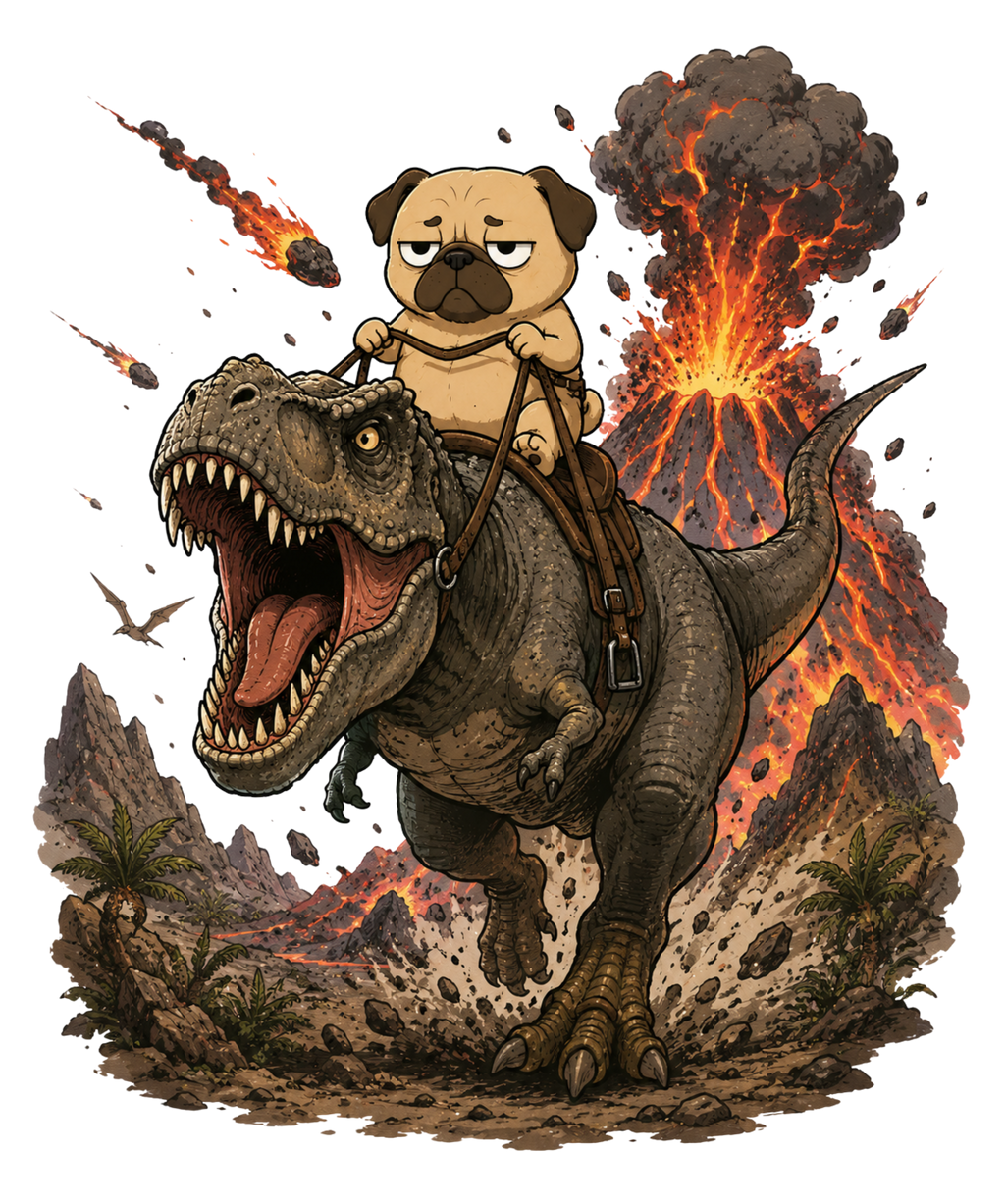 Grumpy Pug Riding T-Rex Dinosaur Volcano Apocalypse Funny Dog Humor