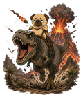 Grumpy Pug Riding T-Rex Dinosaur Volcano Apocalypse Funny Dog Humor