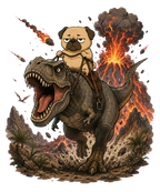 Grumpy Pug Riding T-Rex Dinosaur Volcano Apocalypse Funny Dog Humor