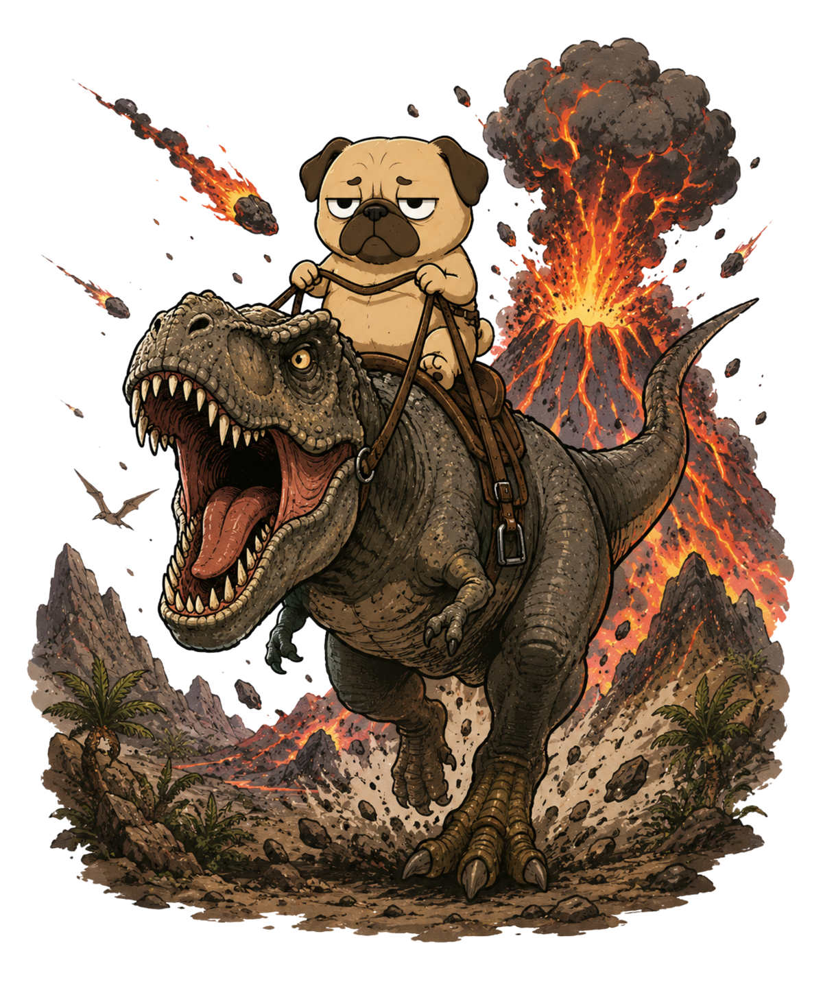 Grumpy Pug Riding T-Rex Dinosaur Volcano Apocalypse Funny Dog Humor