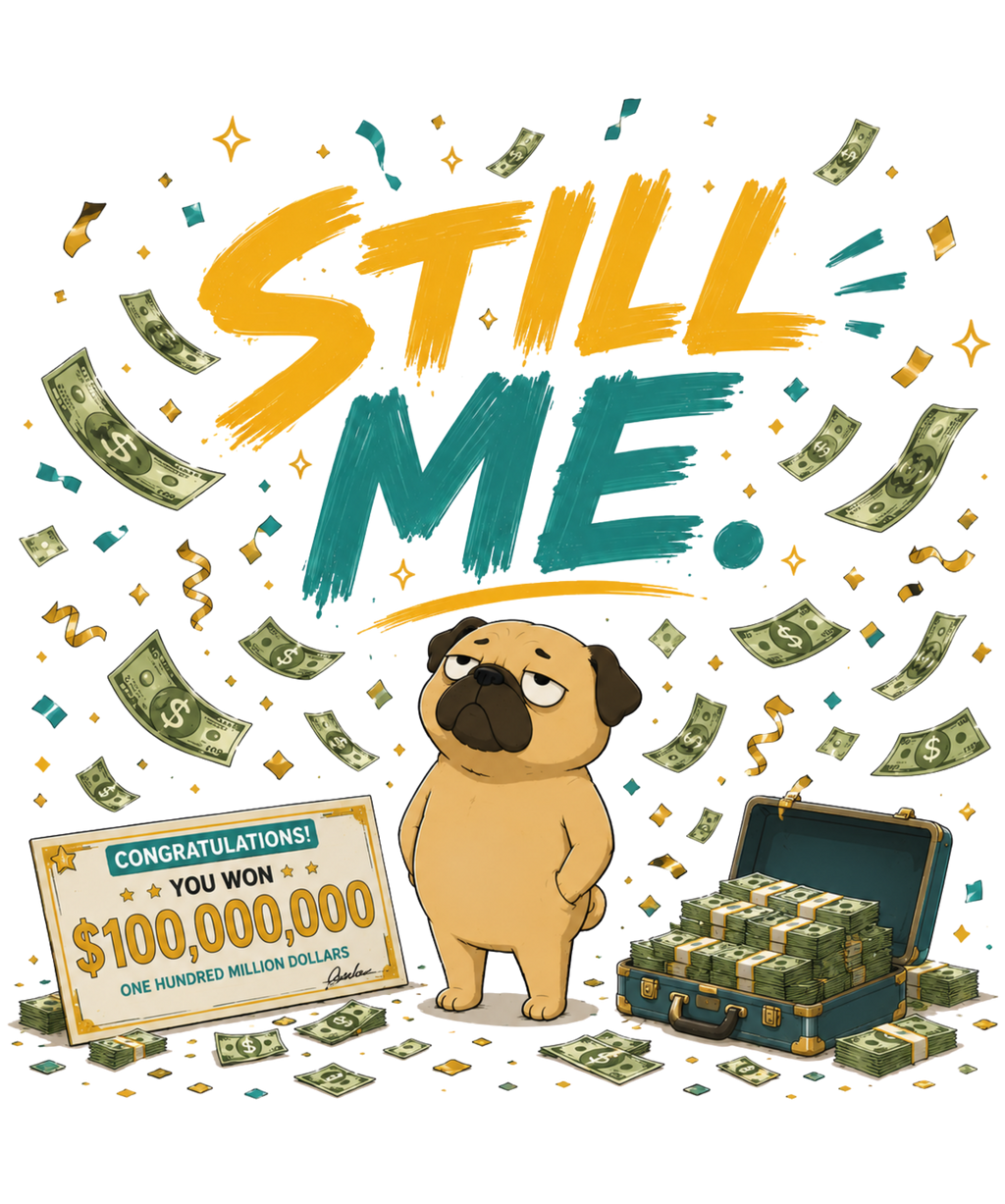 Still Me Grumpy Pug Lottery Winner Money Humor Funny Dog Meme