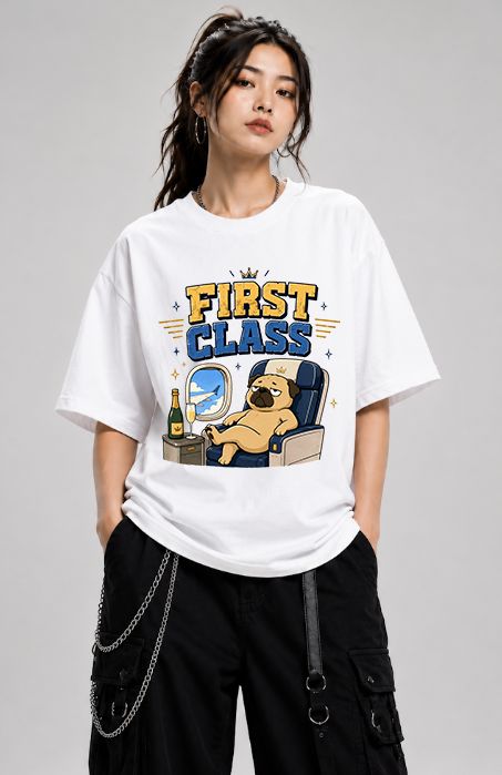 First Class Grumpy Pug Airplane Champagne Luxury Travel Humor