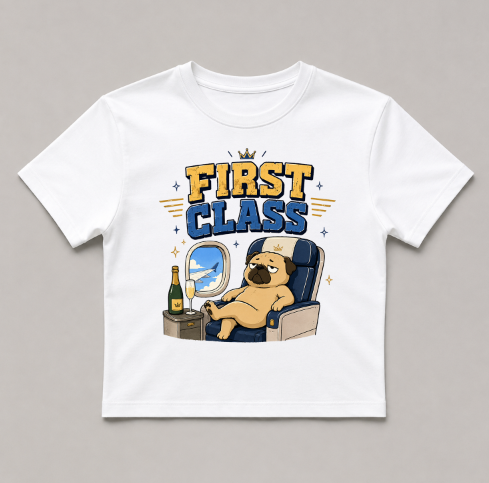 First Class Grumpy Pug Airplane Champagne Luxury Travel Humor