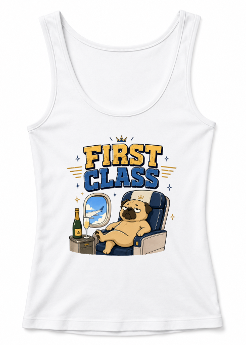 First Class Grumpy Pug Airplane Champagne Luxury Travel Humor