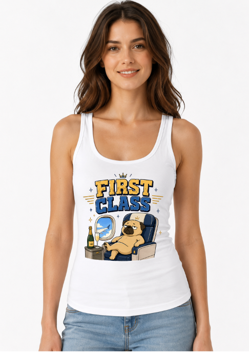 First Class Grumpy Pug Airplane Champagne Luxury Travel Humor