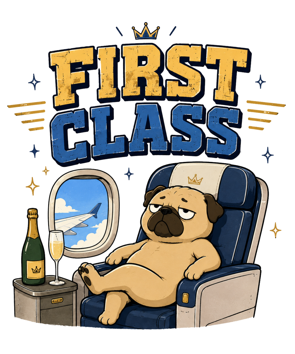 First Class Grumpy Pug Airplane Champagne Luxury Travel Humor