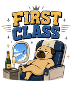 First Class Grumpy Pug Airplane Champagne Luxury Travel Humor
