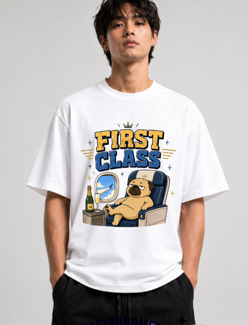 First Class Grumpy Pug Airplane Champagne Luxury Travel Humor