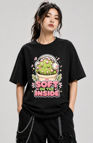 Soft On The Inside - Cute Cactus Headphones Music Lover Graphic T-Shirt