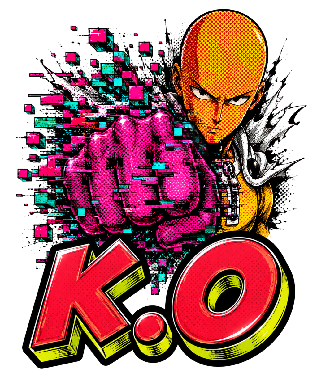 One Punch KO Hero Glitch Pixel Fist Halftone Anime Streetwear