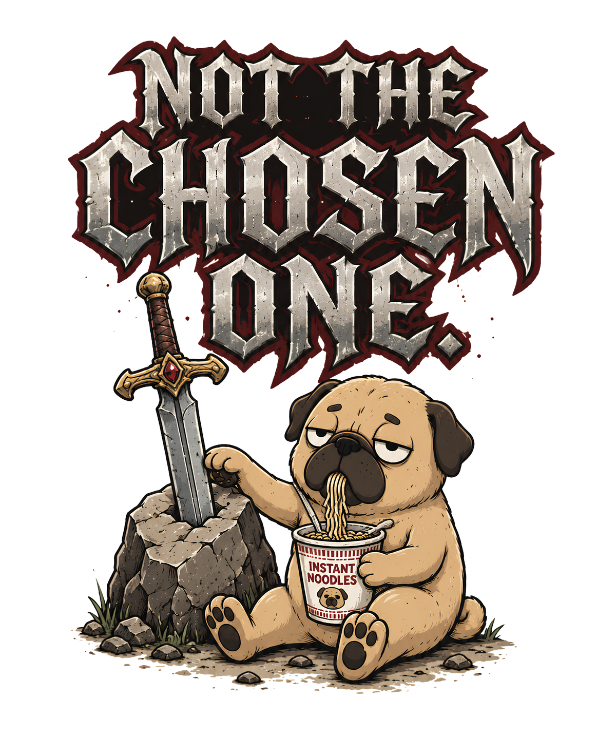Not The Chosen One Funny Pug Sword in the Stone Instant Noodles Gamer Humor