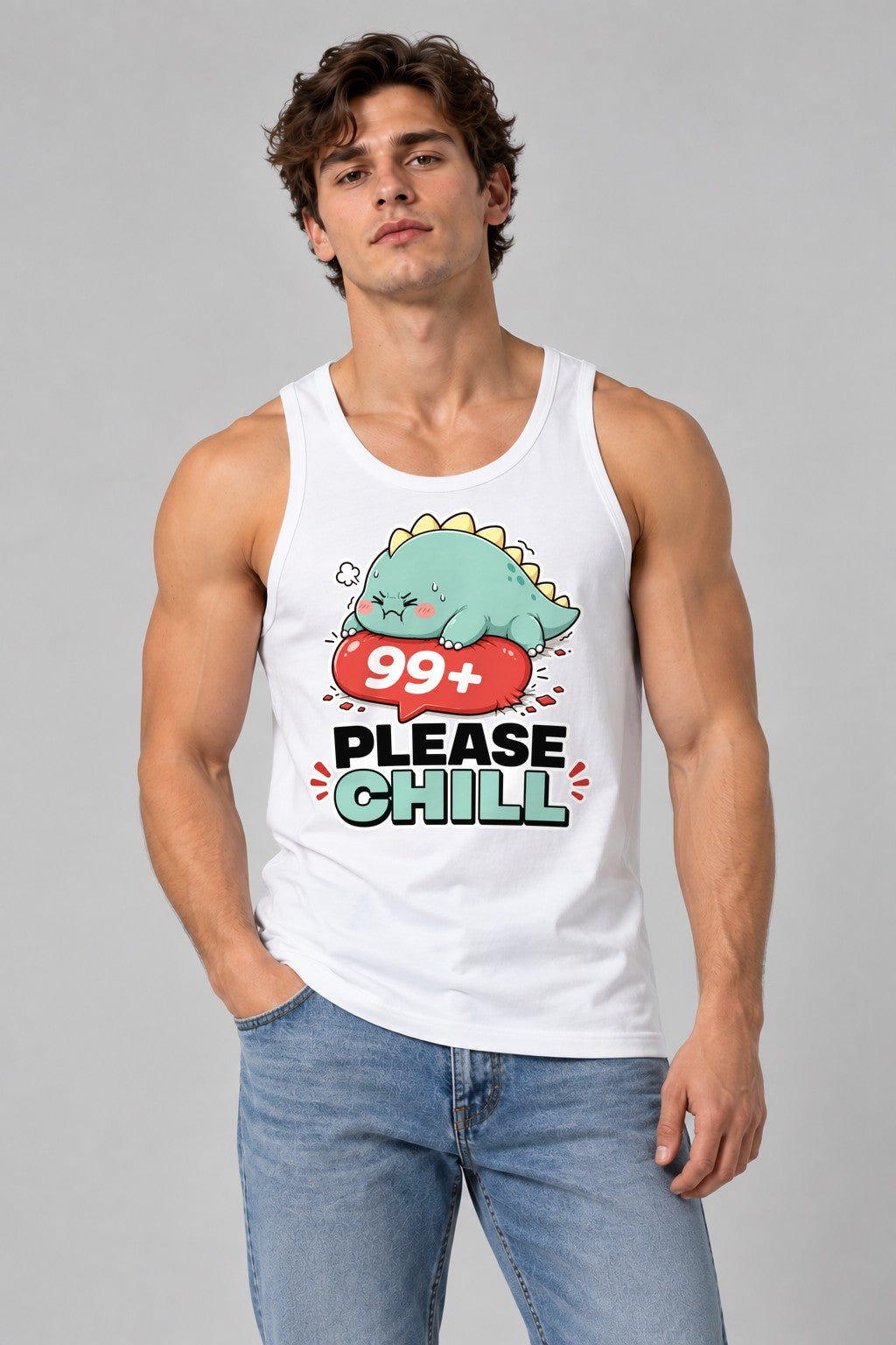 99 Plus Please Chill - Cute Dinosaur Notification Overload T-Shirt - White