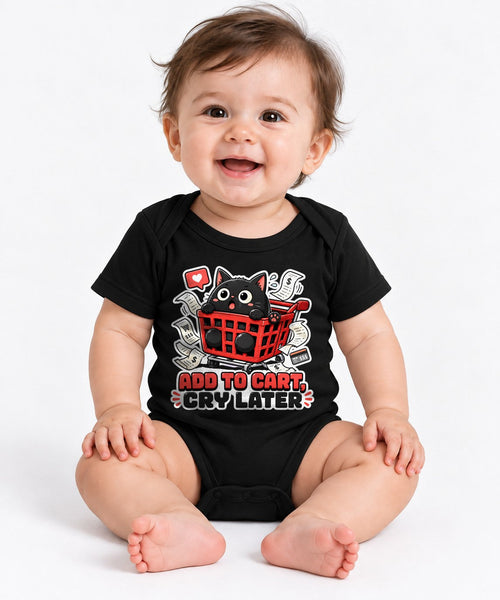 Add To Cart Cry Later - Funny Black Cat Shopping Spree Graphic T-Shirt - Black