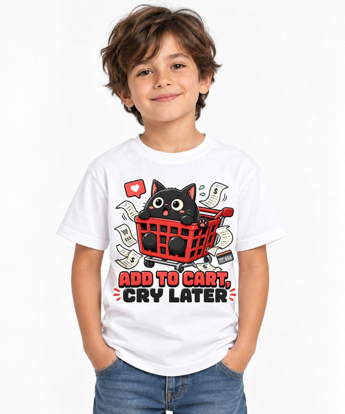 Add To Cart Cry Later - Funny Black Cat Shopping Spree Graphic T-Shirt - White