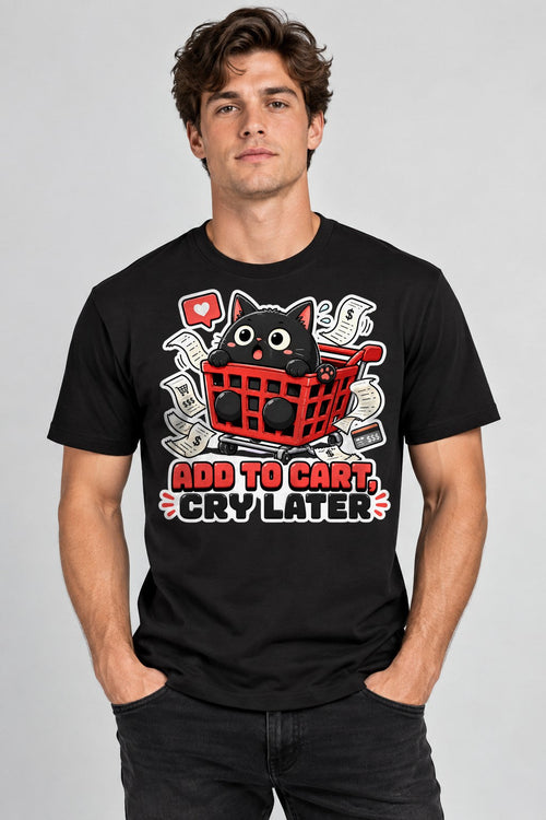 Add To Cart Cry Later - Funny Black Cat Shopping Spree Graphic T-Shirt - Black