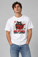 Add To Cart Cry Later - Funny Black Cat Shopping Spree Graphic T-Shirt - White