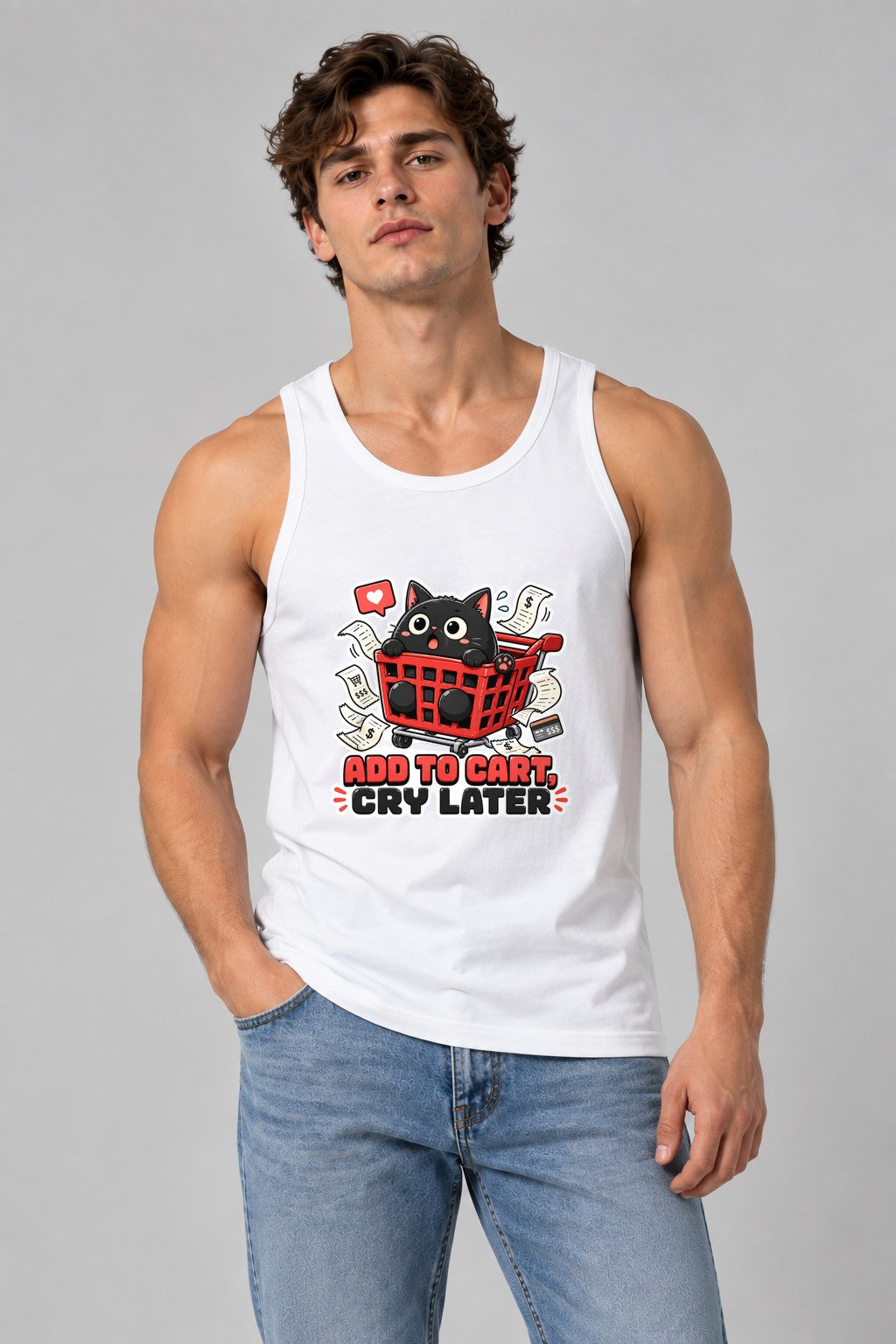 Add To Cart Cry Later - Funny Black Cat Shopping Spree Graphic T-Shirt - White