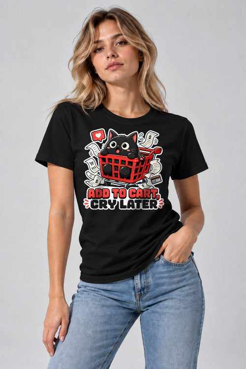 Add To Cart Cry Later - Funny Black Cat Shopping Spree Graphic T-Shirt - Black