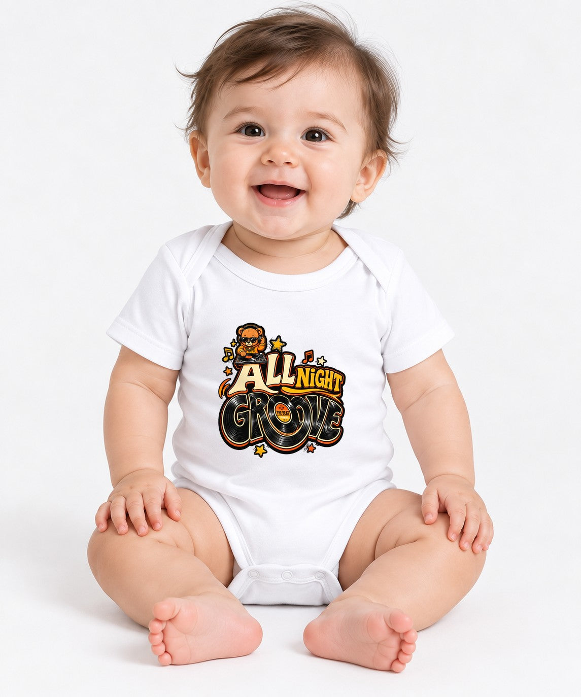 All Night Groove DJ Bear Graphic Tee - Retro Music Vibes - White