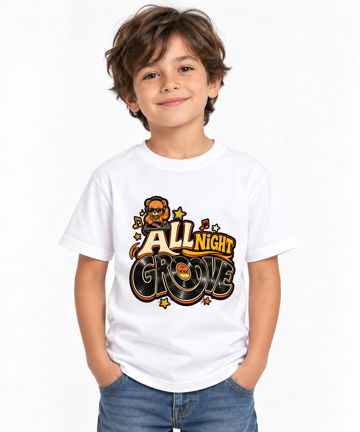 All Night Groove DJ Bear Graphic Tee - Retro Music Vibes - White