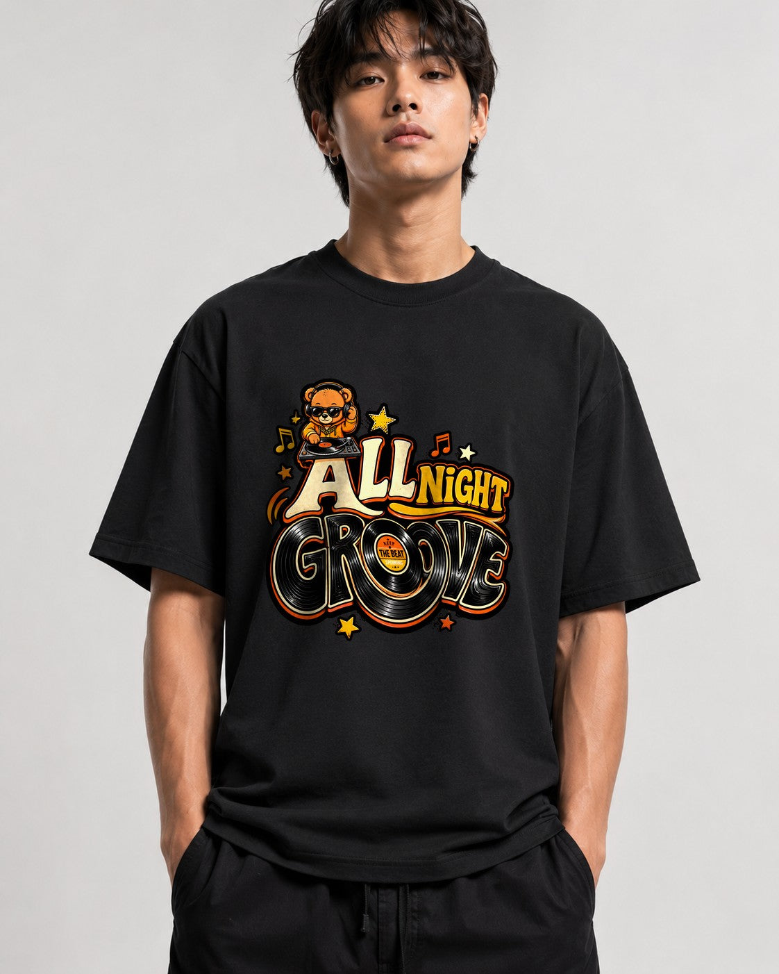 All Night Groove DJ Bear Graphic Tee - Retro Music Vibes - Black