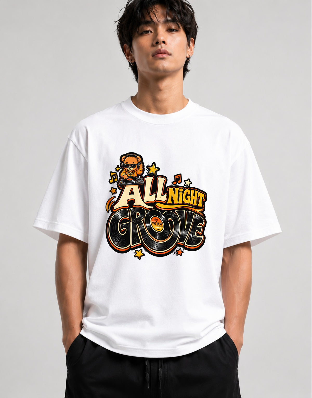 All Night Groove DJ Bear Graphic Tee - Retro Music Vibes - White