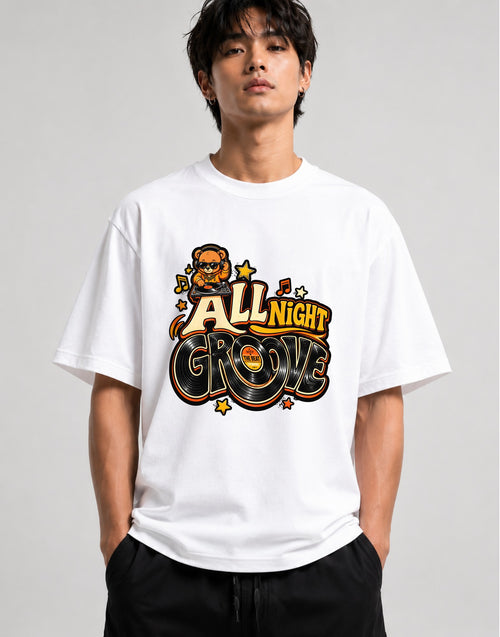 All Night Groove DJ Bear Graphic Tee - Retro Music Vibes - White
