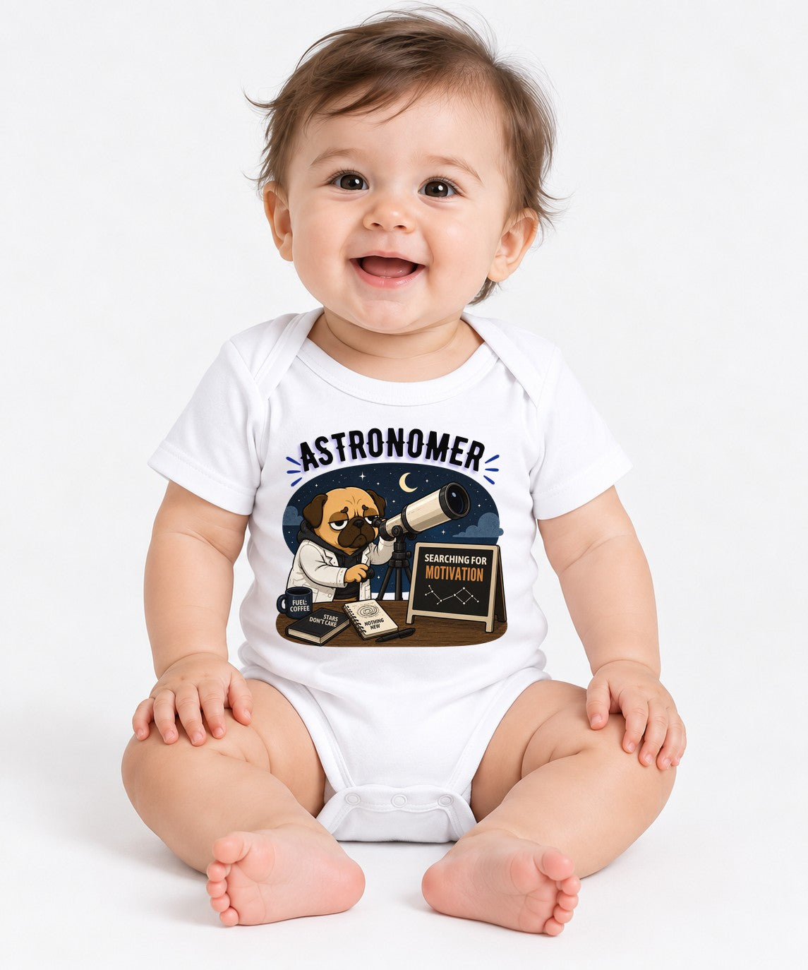 Astronomer Searching For Motivation Funny Telescope Pug Dog Space Humor - White