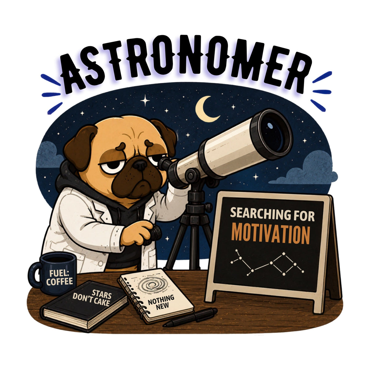 Astronomer Searching For Motivation Funny Telescope Pug Dog Space Humor