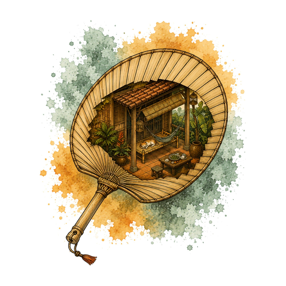 Bamboo Hand Fan Cozy Cottage Sleeping Cat Miniature Watercolor