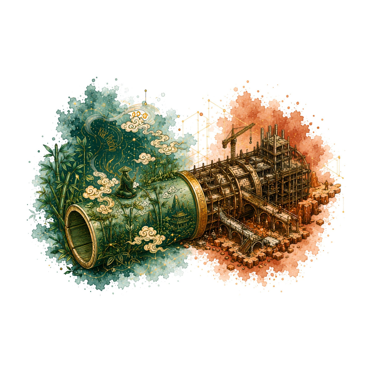 Bamboo Tube Traditional Construction Miniature Surreal Watercolor