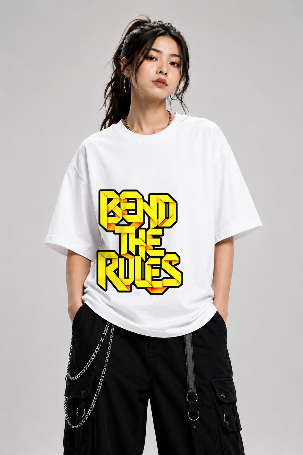 Bend The Rules Graphic Tee - Bold 3D Typography Street Style - White