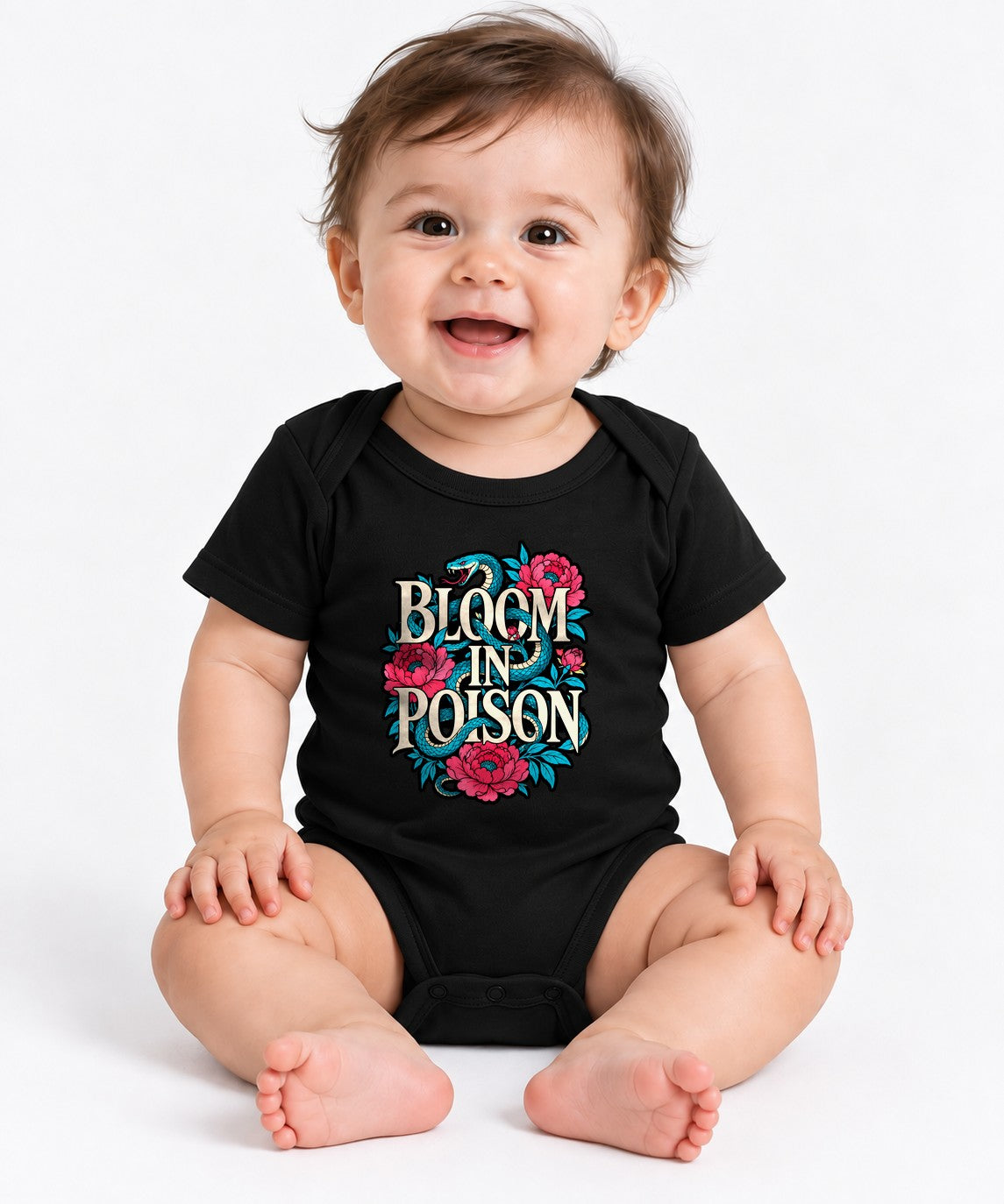 Bloom In Poison Snake & Flowers Graphic Tee - Tattoo Art Style - Black