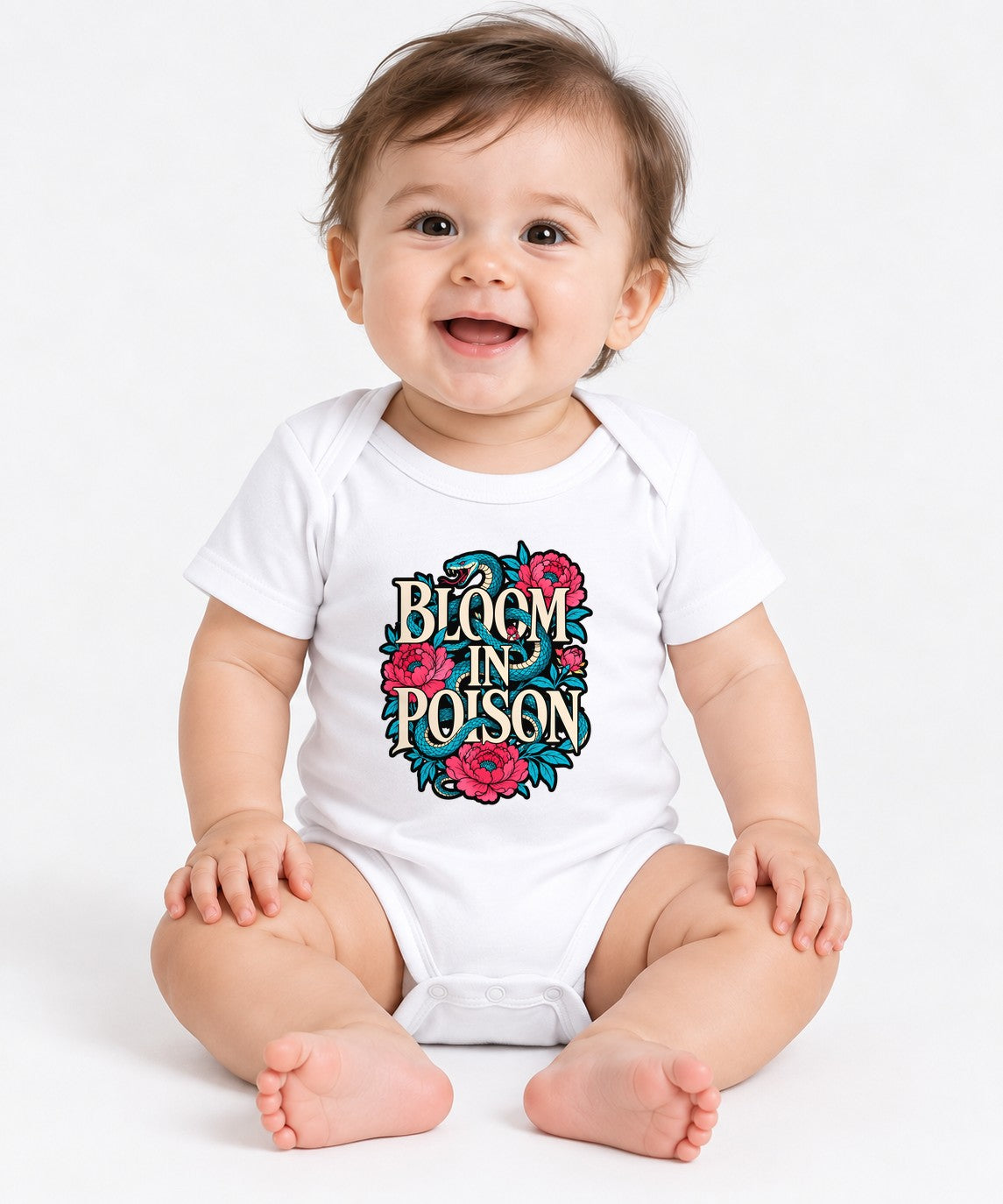 Bloom In Poison Snake & Flowers Graphic Tee - Tattoo Art Style - White