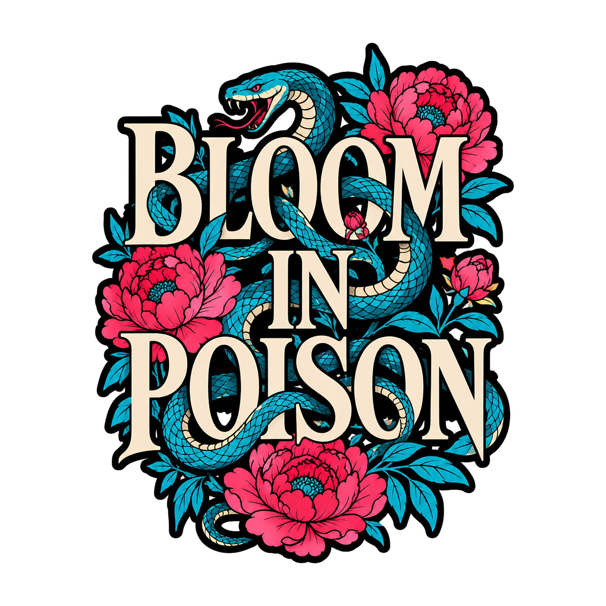Bloom In Poison Snake & Flowers Graphic Tee - Tattoo Art Style
