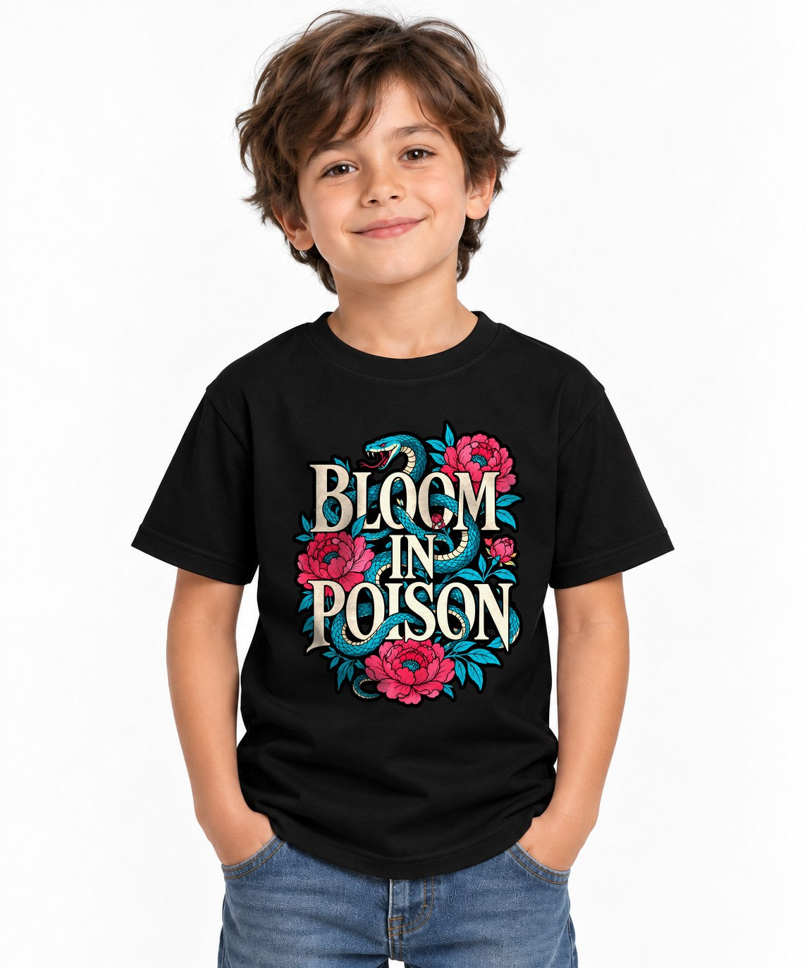 Bloom In Poison Snake & Flowers Graphic Tee - Tattoo Art Style - Black