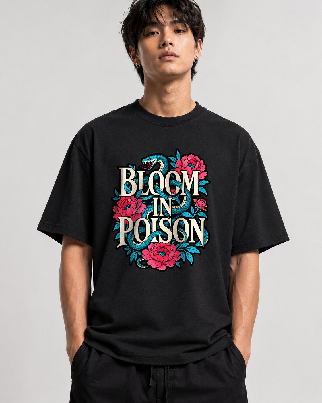 Bloom In Poison Snake & Flowers Graphic Tee - Tattoo Art Style - Black