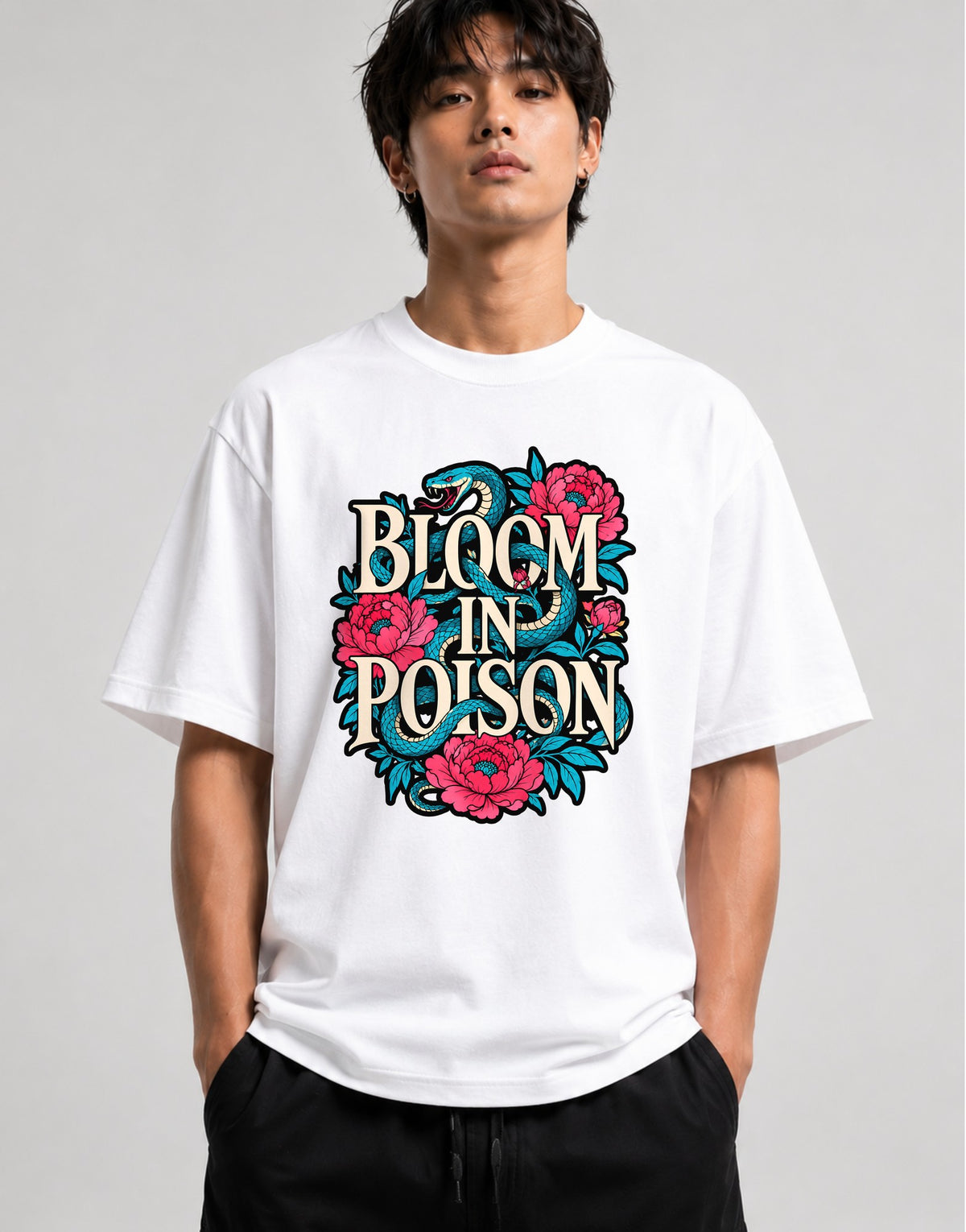Bloom In Poison Snake & Flowers Graphic Tee - Tattoo Art Style - White