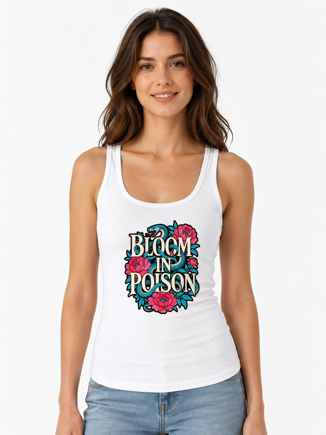 Bloom In Poison Snake & Flowers Graphic Tee - Tattoo Art Style - White