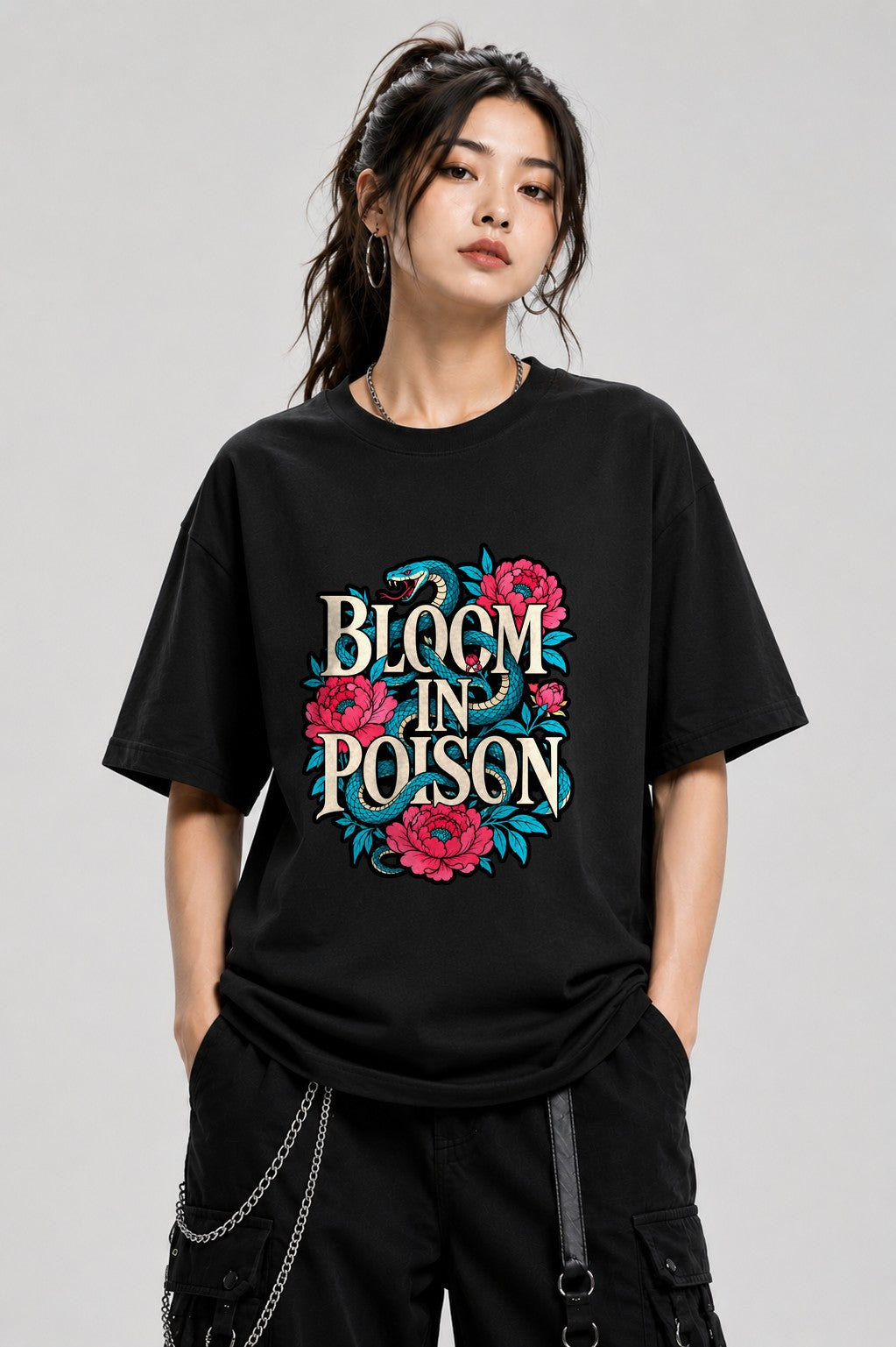 Bloom In Poison Snake & Flowers Graphic Tee - Tattoo Art Style - Black