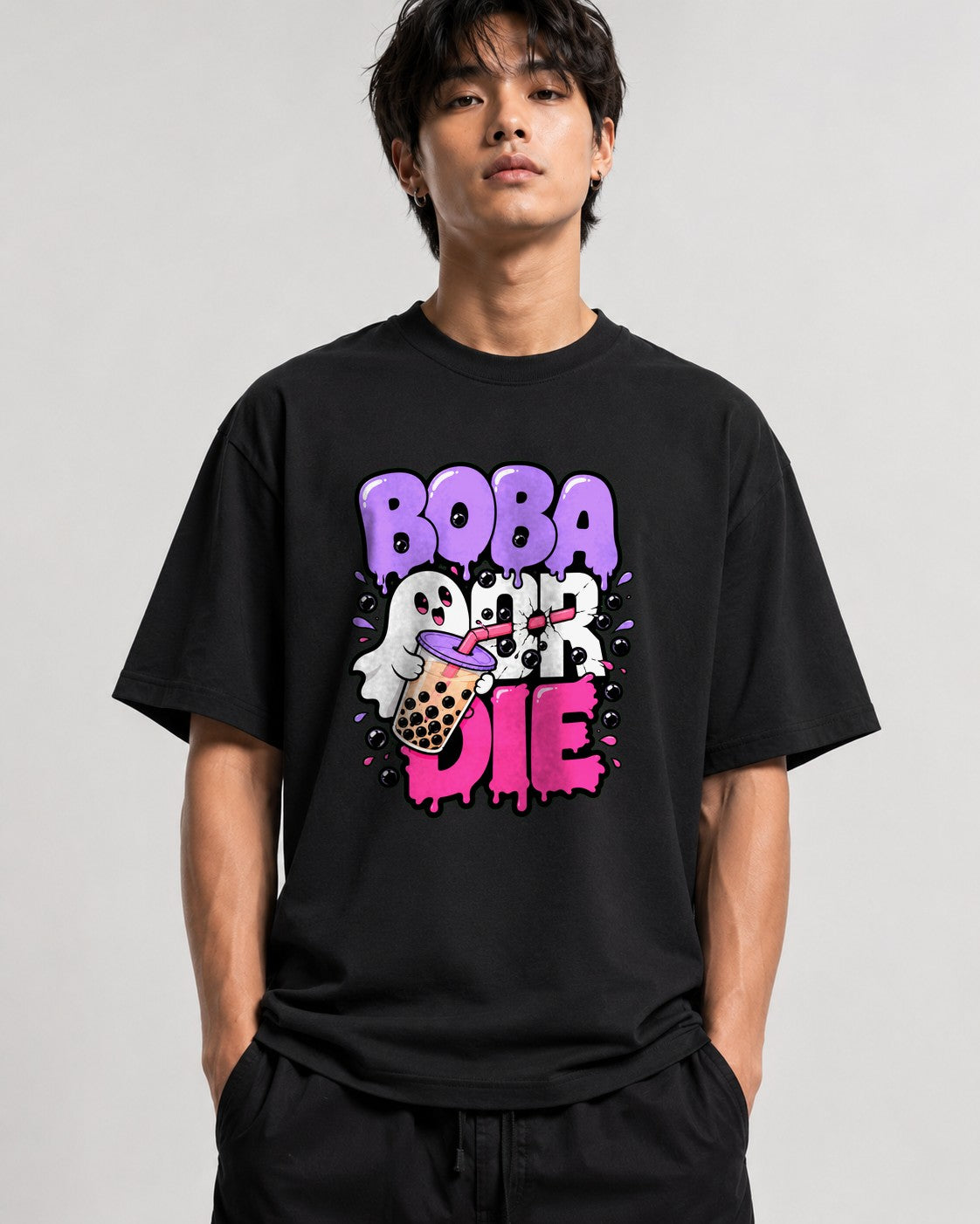 Boba or Die Shirt - Kawaii Bubble Tea Ghost Graphic Tee - Black