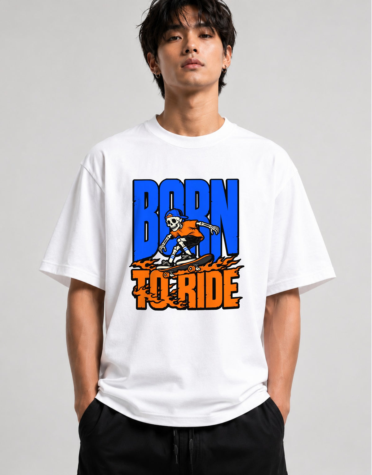Born To Ride Skeleton Skater Shirt - Street Style Graphic Tee - White