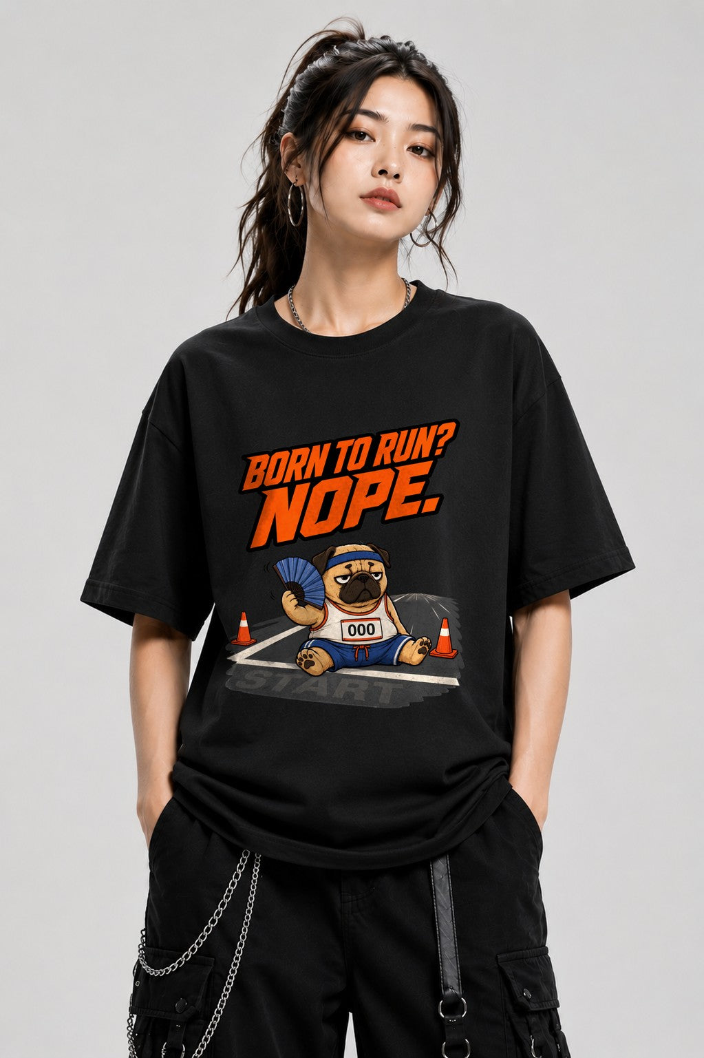 Born to Run Nope Pug Shirt - Funny Lazy Dog Meme Tee - Black