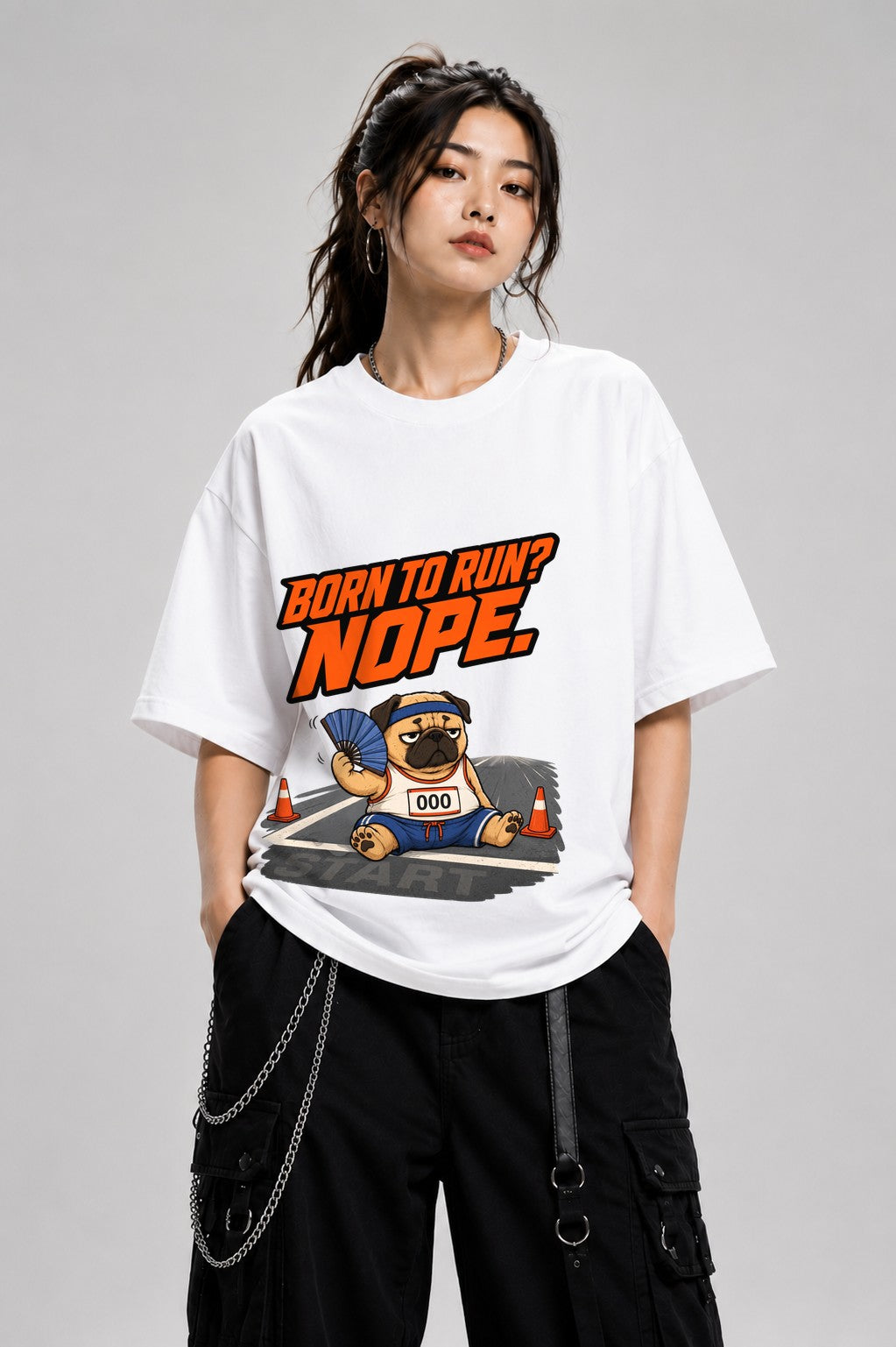 Born to Run Nope Pug Shirt - Funny Lazy Dog Meme Tee - White