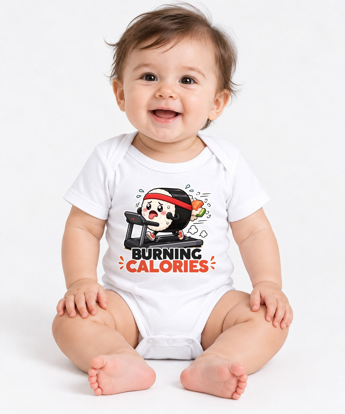 Burning Calories - Funny Sushi On Treadmill Fitness Workout Graphic T-Shirt - White