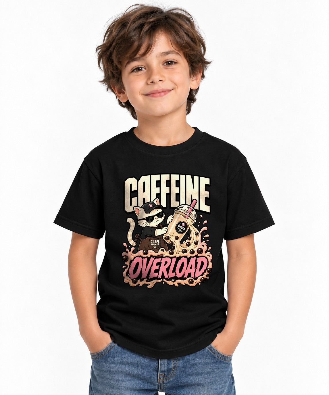 Caffeine Overload Cat Shirt - Boba Lover Cool Anime Graphic Tee - Black