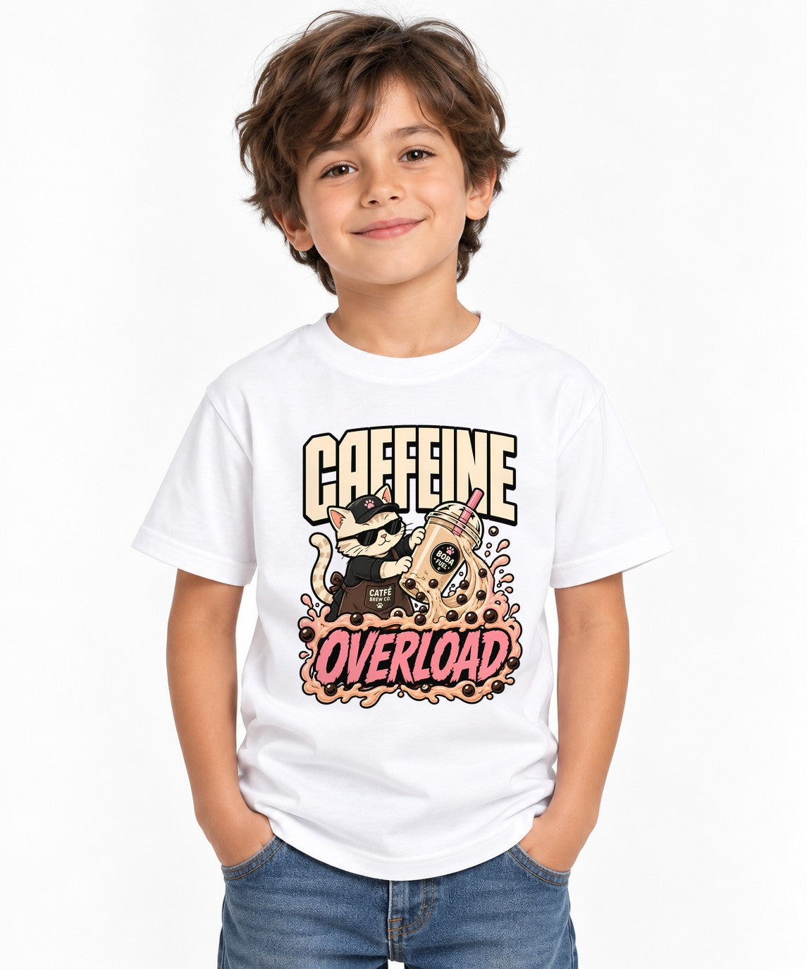 Caffeine Overload Cat Shirt - Boba Lover Cool Anime Graphic Tee - White